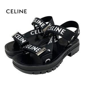 Celine Leo Strappy Sandals Shoes Fabric Leather Black White Black Sports